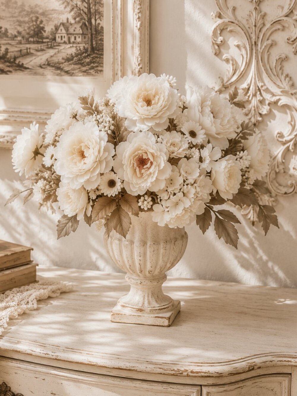 Set of 4 Delicate Cream Peonies Hydrangeas Mixed Flowers Bouquets